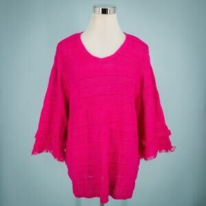 Chico's 3 Size XL Pink Fringe Textured Stich Knit Scoop Neck 3/4 Sleeve Cotton N